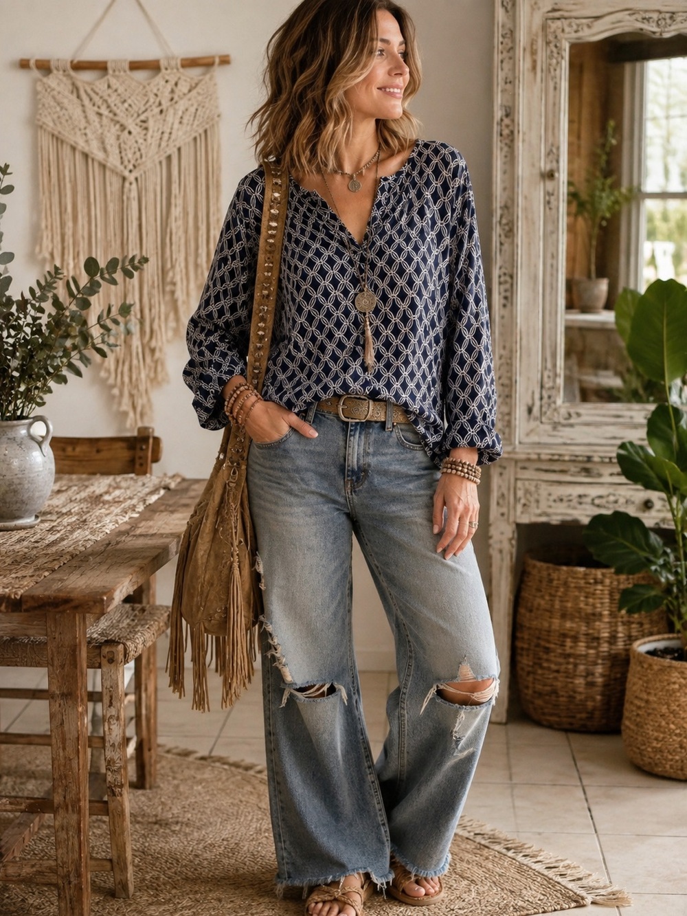 Kim Rogers Navy Patterned Peasant Top